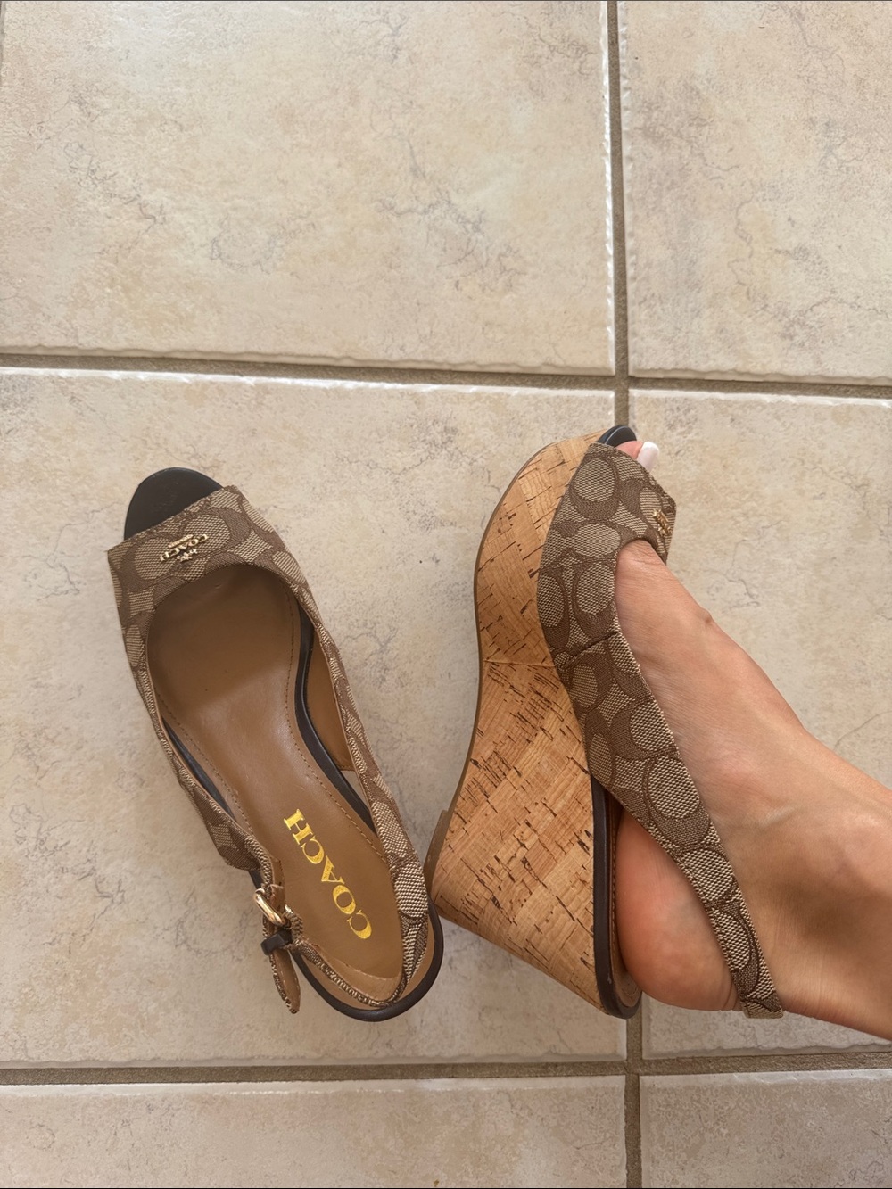 COACH Brown Signature Canvas Peep-Toe Slingback Wedges - Picture 10 of 10